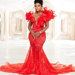 Shiny Red Mermaid Evening Dresses  With Shoulder Ruffles  Aso Ebi Plus Size Prom Dress Sequined Wedding Reception Gowns Long