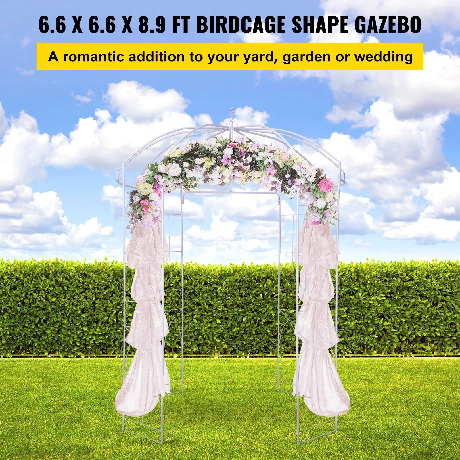 9' High x 6.6' Wide, Heavy Duty Wrought Iron Arbor, Birdcage Shape Garden Arbor, Lawn, Backyard, Patio, White