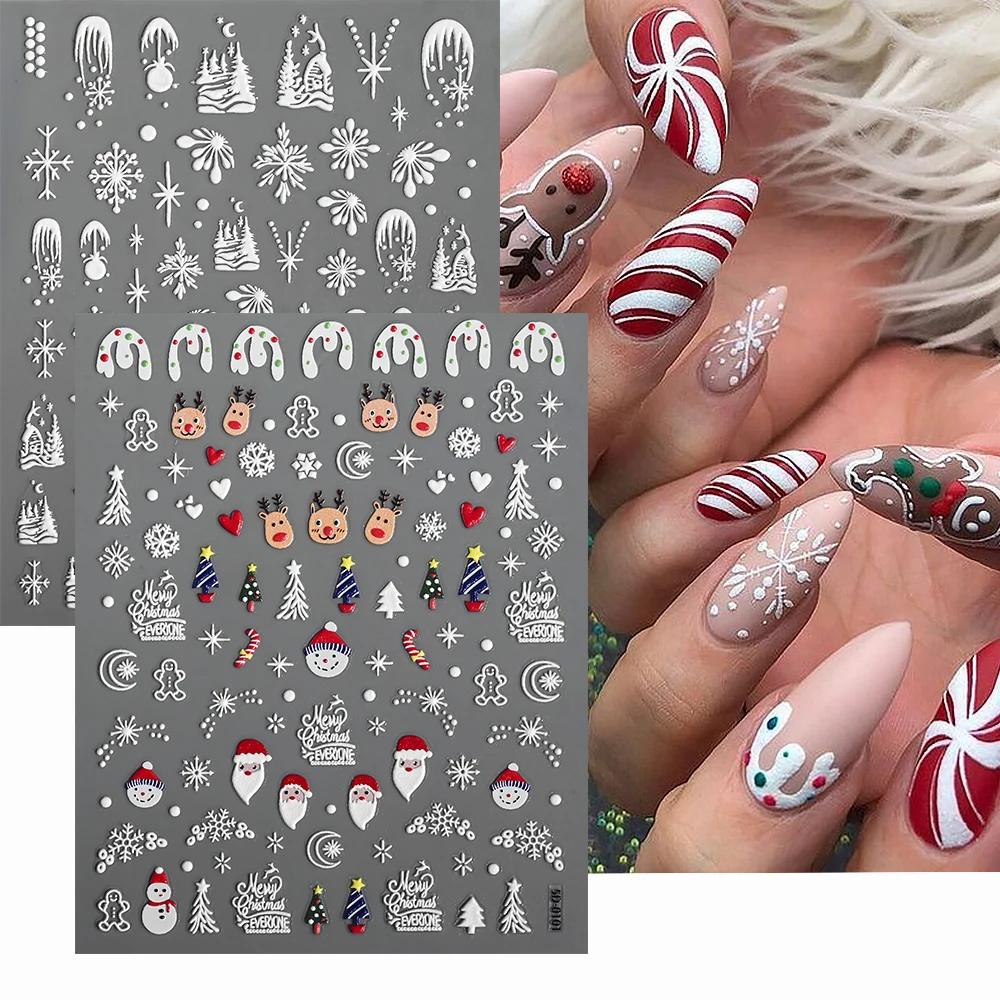 2pcs Kawaii 5D Christmas Xmas Nail Stickers Reflective Glitter Xmas Tree Elk Colorful Ice Cream Star Moon Nail Decals for Winter
