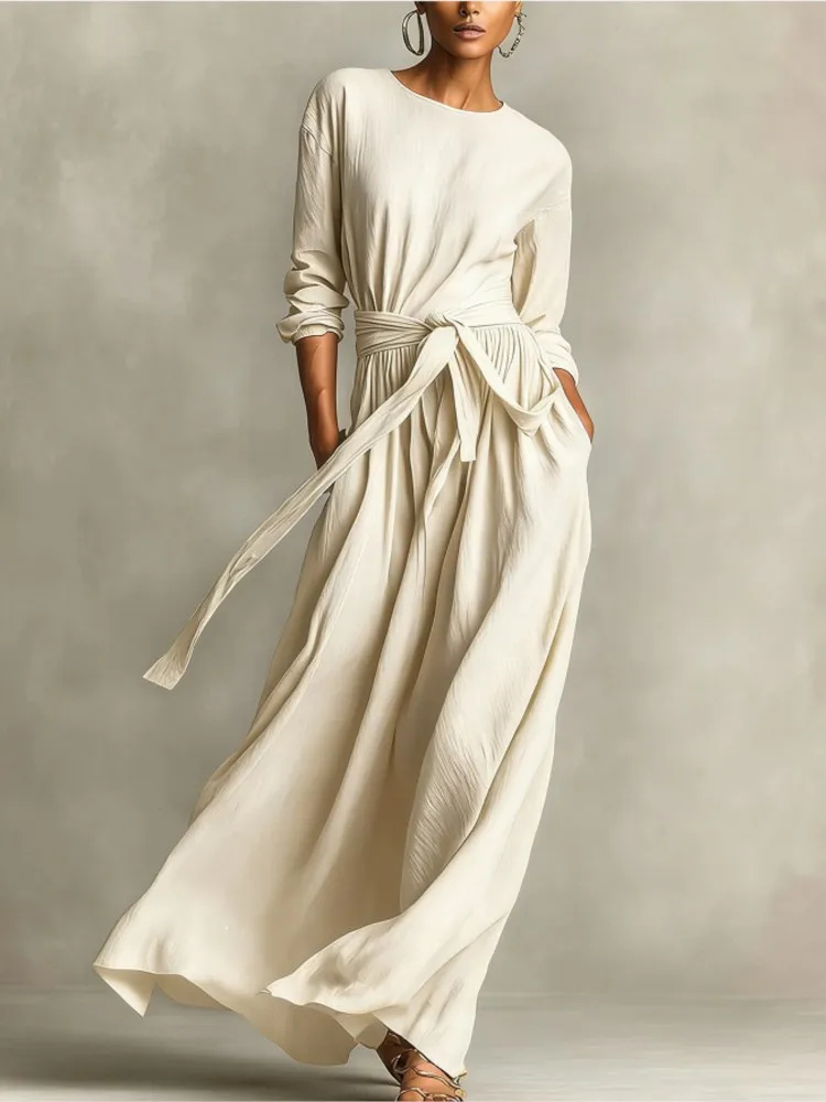 Spring Casual O Neck Belted Maxi Dress Woman Elegant High Waist Ruched A-line Swing Long Dresses Long Sleeve Pocket Boho Vestido