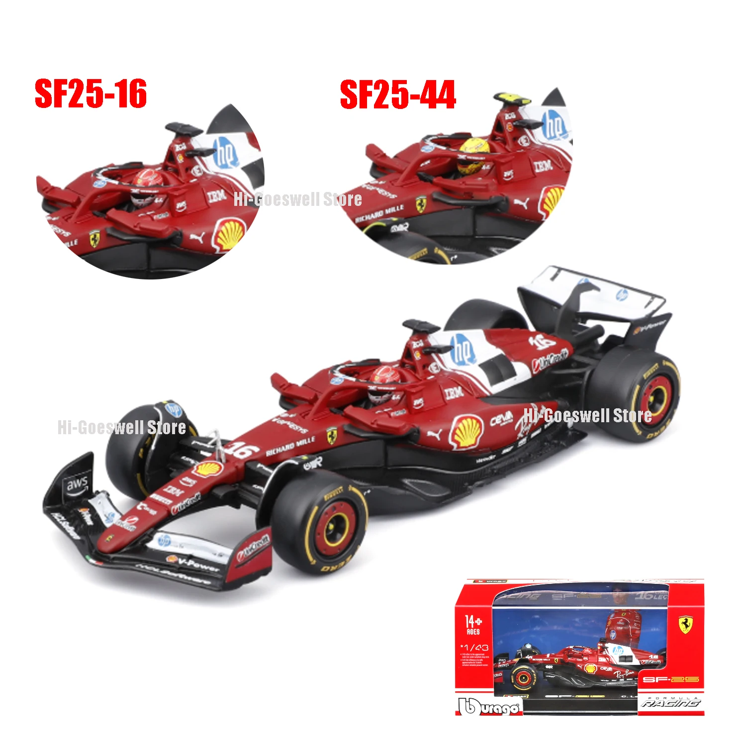 Bburago F1 Model With Helmet SF25 #16 Charles Leclerc #44 Lewis Hamilton Car Model Die Cast Model Toy Collectible