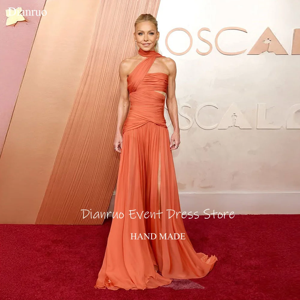 

Dianruo Orange Halter Backless Evening Dresses Formal Long A Line Prom Gowns Chiffon Sleeveless Slit Vestido De Noiva Customized