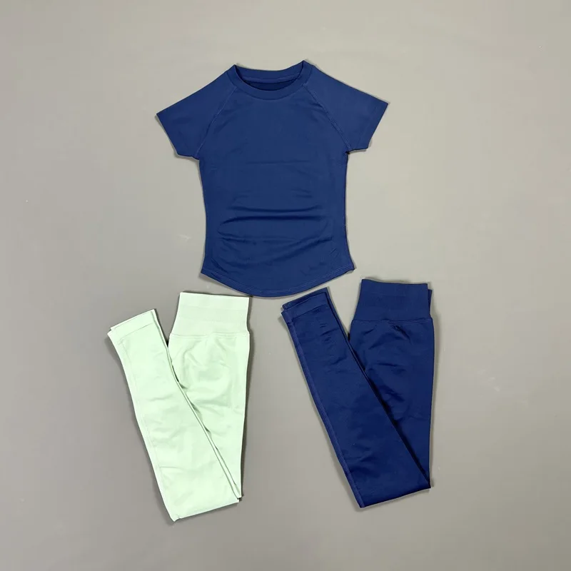 2-teiliges HISTELLO Fitness-Set für Damen Hochelastisches Nahtloses Kurzarm-Oberteil Low-Waist-Leggings Bauchkontrolle Po-Lifting Yoga-Gym-Set – Detail 8