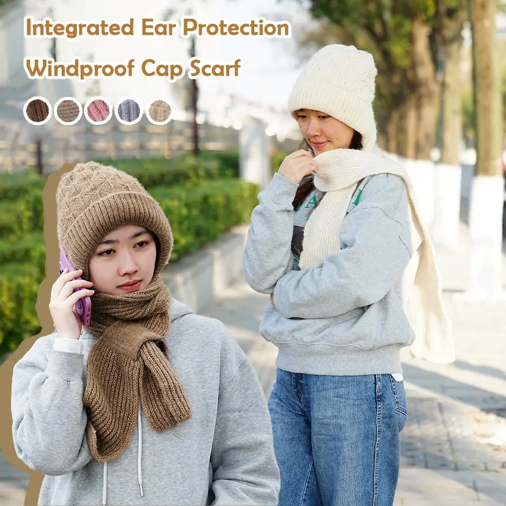 Winter Knitted Scarf Hat Set Women Beanie Thick Warm Hats Outdoor Cycling Riding Ski Bonnet Caps Scarf Ear Protection Windproof