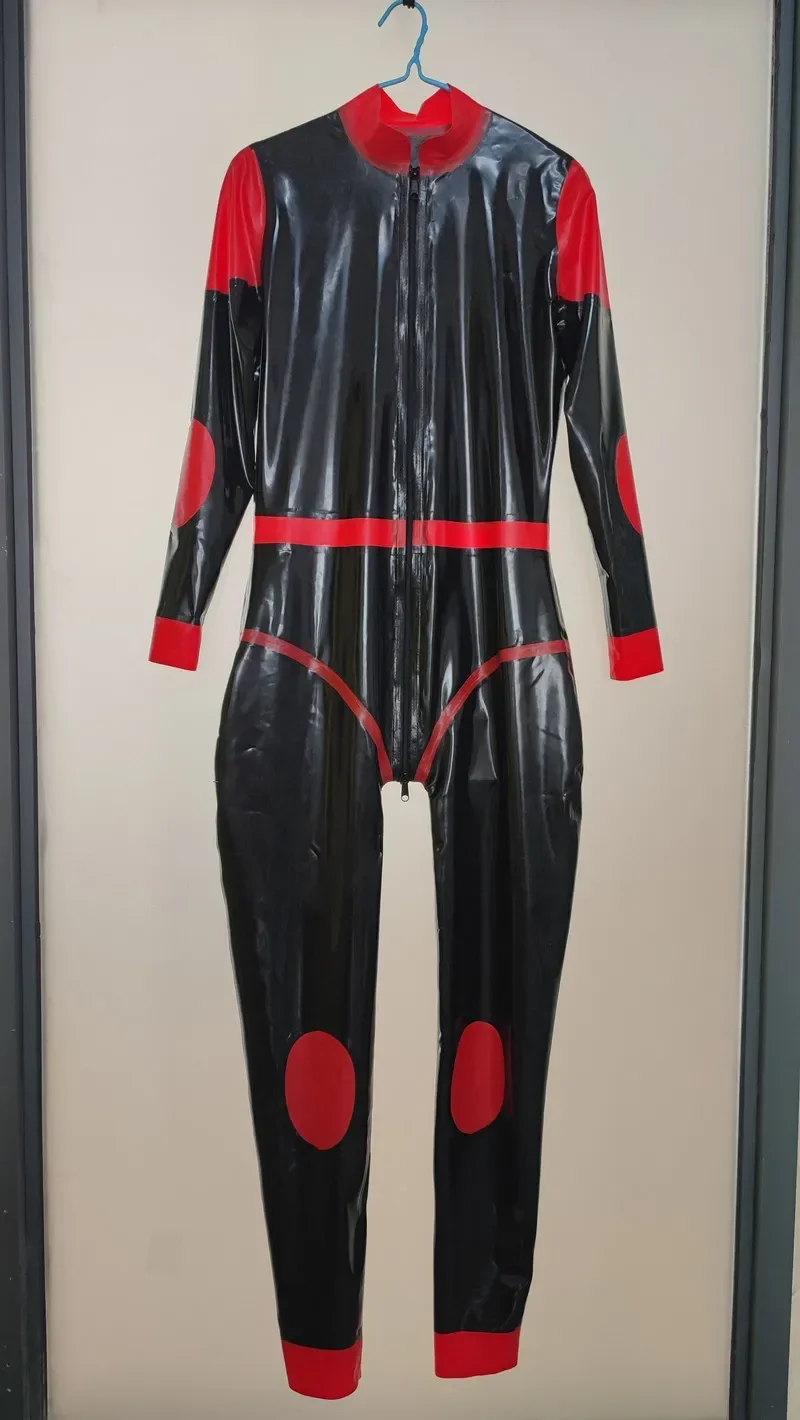 

100% Latex Rubber Catsuit Gummi Sports Uniforms Cosplay Bodysuit Red Spot Jumpsuit Zentai Front Zipper S-XXL
