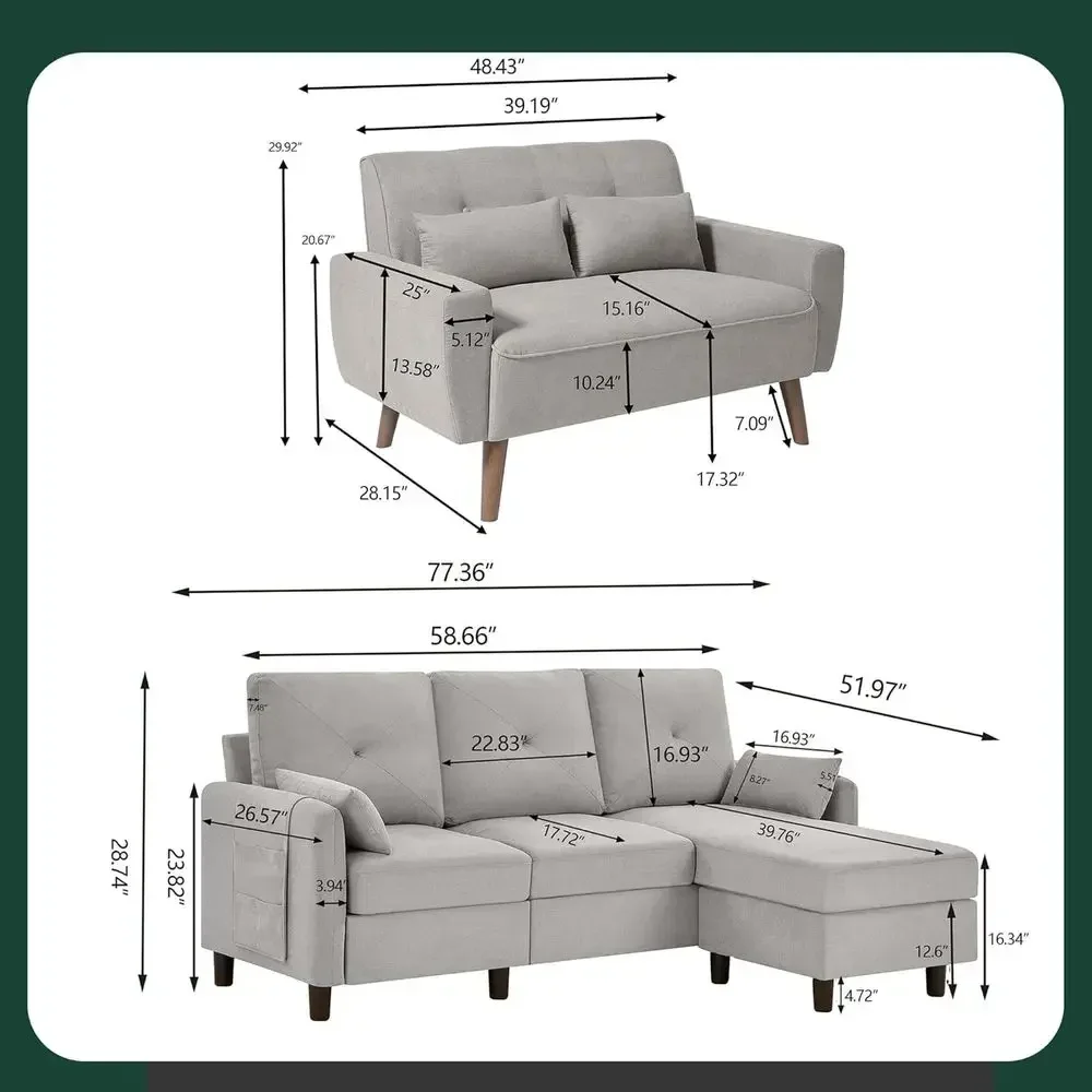 77 Small L-Shaped 3-Seat Sofa with Ottoman and 48 Loveseat, Light Grey, Living Room Sectional