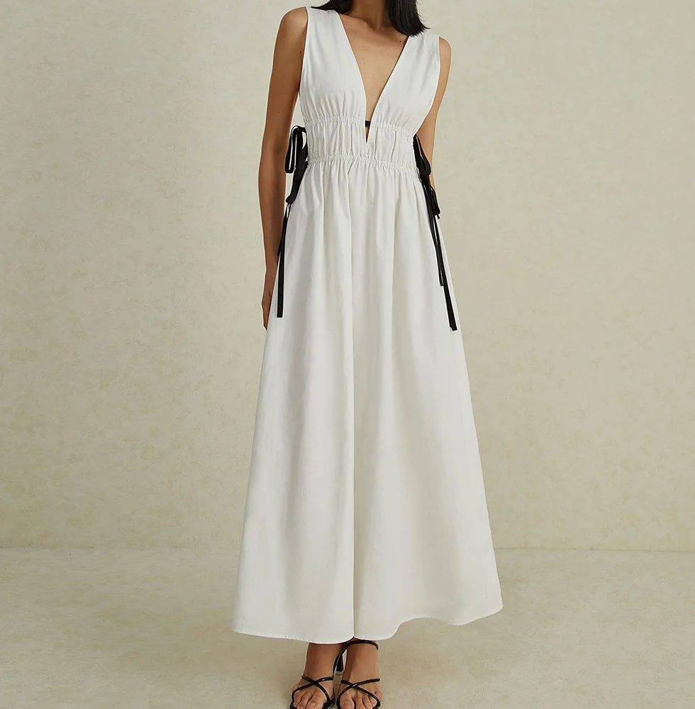 

Classic Ruched Contrast Color V-Neck Ankle Length A-Line Prom Gowns Jersey Spaghetti Straps Backless Girdling فساتين سهرة