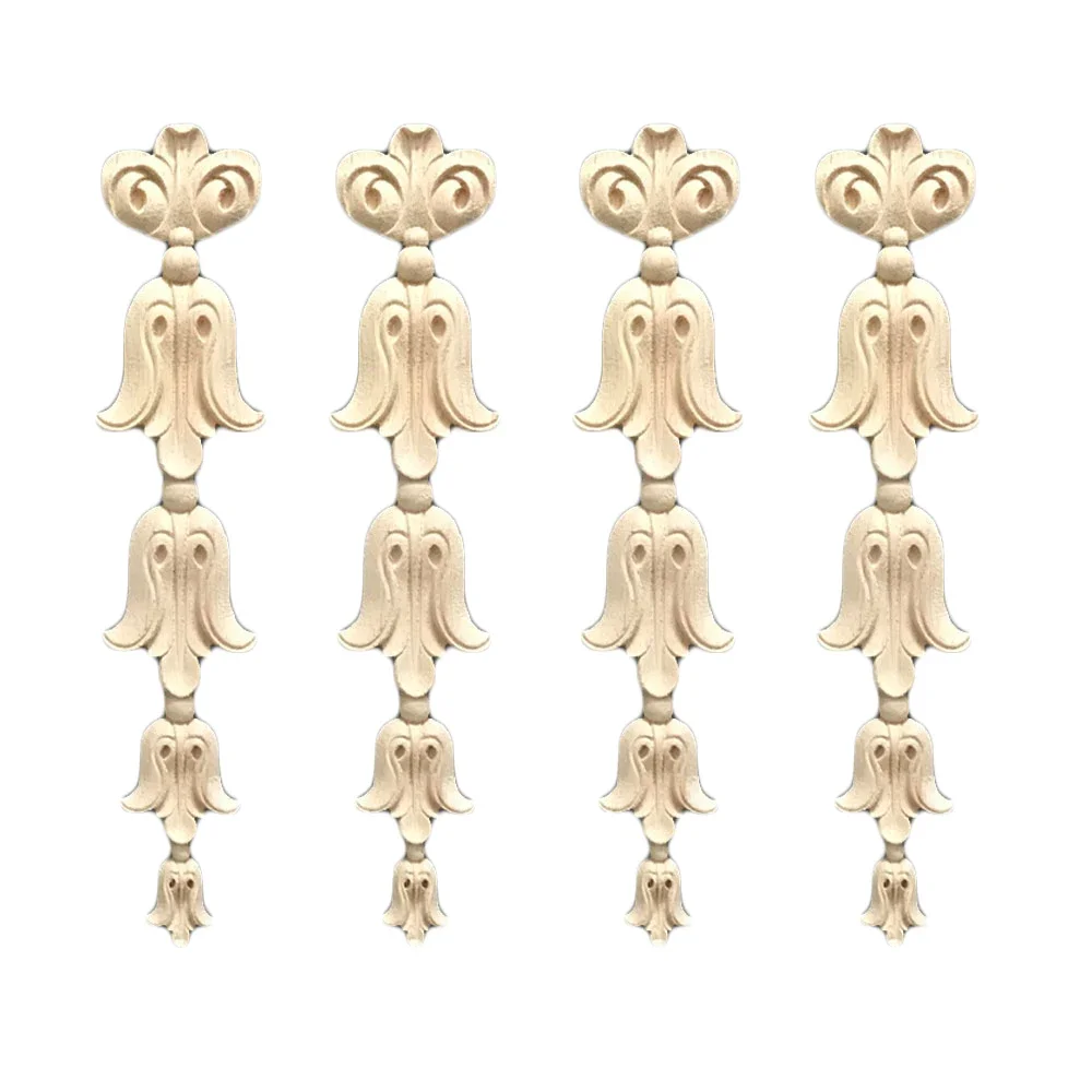 4Pcs Wood Carving Applique Onlay Ornament Unpainted Long Decal for Door Frame Dresser Bed Wall Cabinet Window Furniture Decor