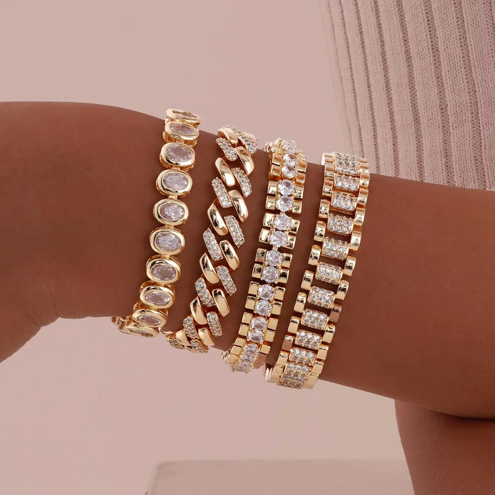 Vnox  Block Chain Bracelets For Women Cubic Zirconia Inlay, Gold Plated Fashion Charm Jewelry Gifts To Girlfriend