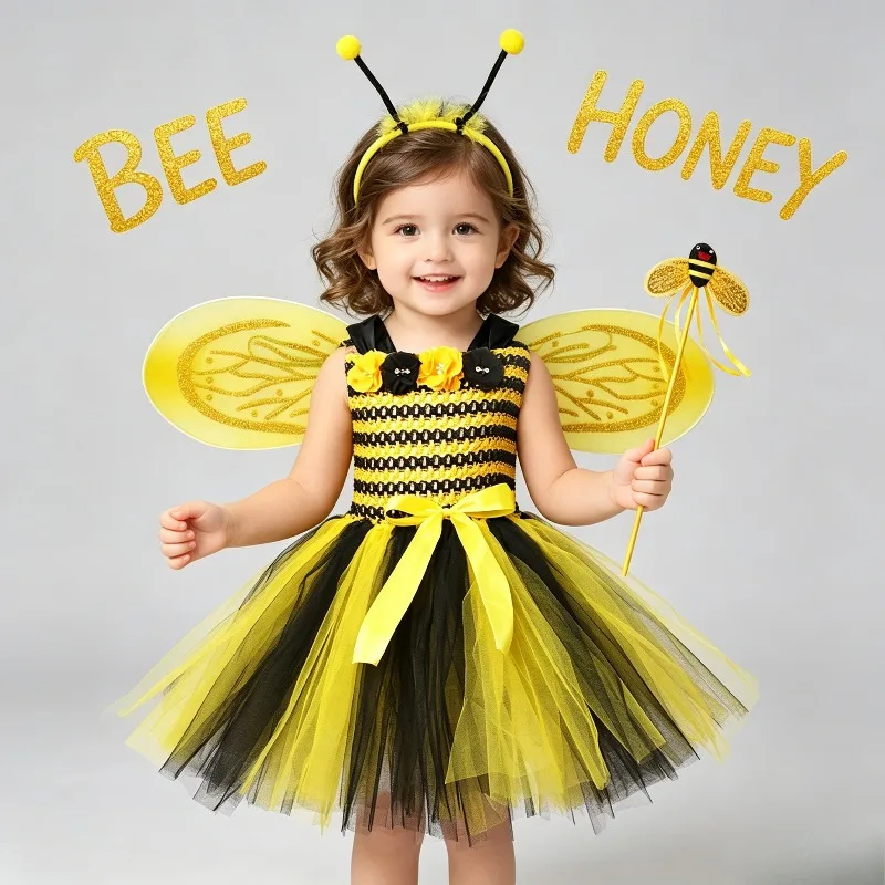 

Striped Bee Tulle Tutu Dress Floral Bee Cosplay Yellow Black Outfit Stage Carnival Party Dress With Wing Headband Accessory Set