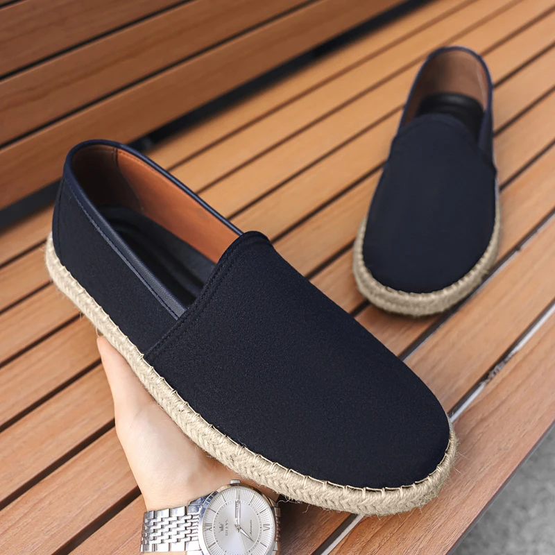 Men Sewing Real Leather Shoes Slip on Loafers Casual Shoes Man linen Grass Woven Flat Shoes Plus Size Fisherman Driving Footwear
