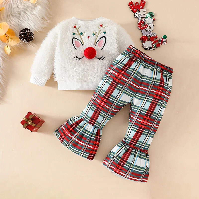 Toddler Kids Baby Girl Christmas Clothes Deer Embroidery Crew Neck Long Sleeve Sweatshirts Plaid Flare Pants Xmas Clothes Sets