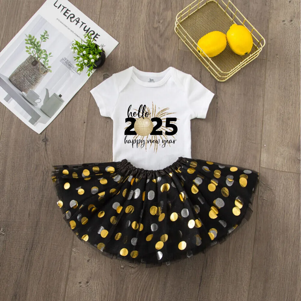 Hello 2025 Print 2 Piece Baby Girls Bodysuit Dress Set New Year Girl Short Sleeve Romper + Tutu Skirt Infant Dresses Set Outfit