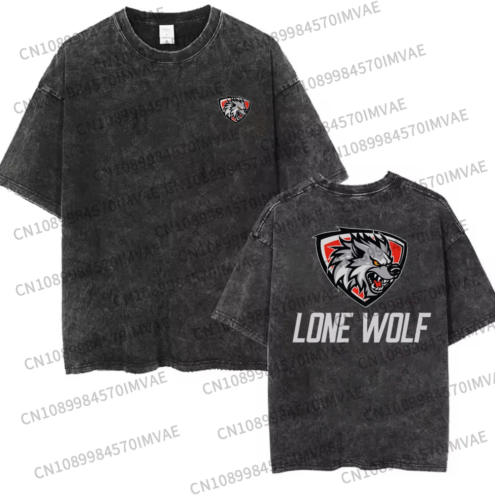 Men Women Lone Wolf Letter Print Vintage Washed T Shirt Cotton Tee Tops Casual Clothing Oversized Harajuku male Y2k Short Sleeve