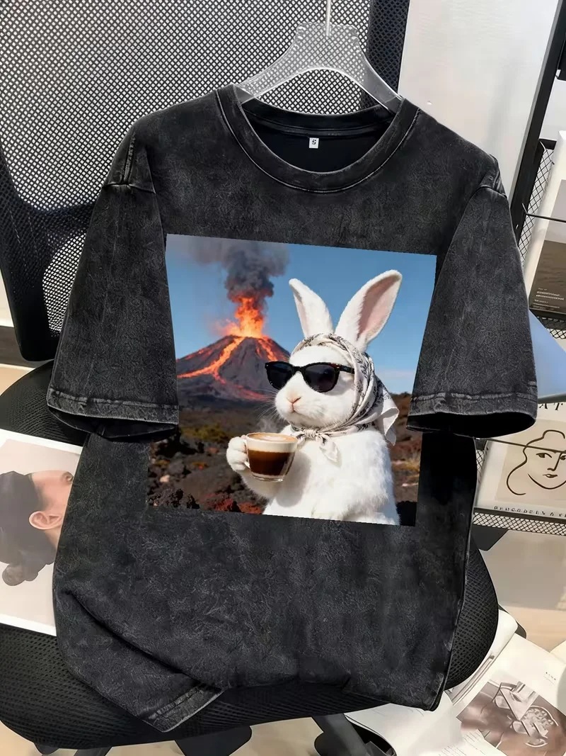 Cute Bunny Rabbit Graphic T-Shirt, Loose Retro Washed Tee for Men Women Travel Daily Vacation Trendy Modern Urban Daily Fashion
