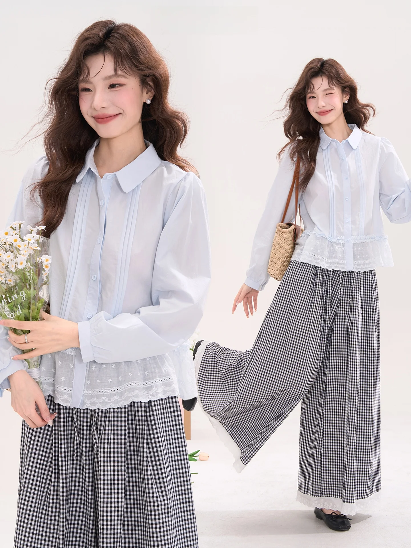 

Sweet Sle Long Sve Women's irt Heme Spring Wild Vine Flower Embroidery Lace Trim Cotton Blend Busin Casual Top