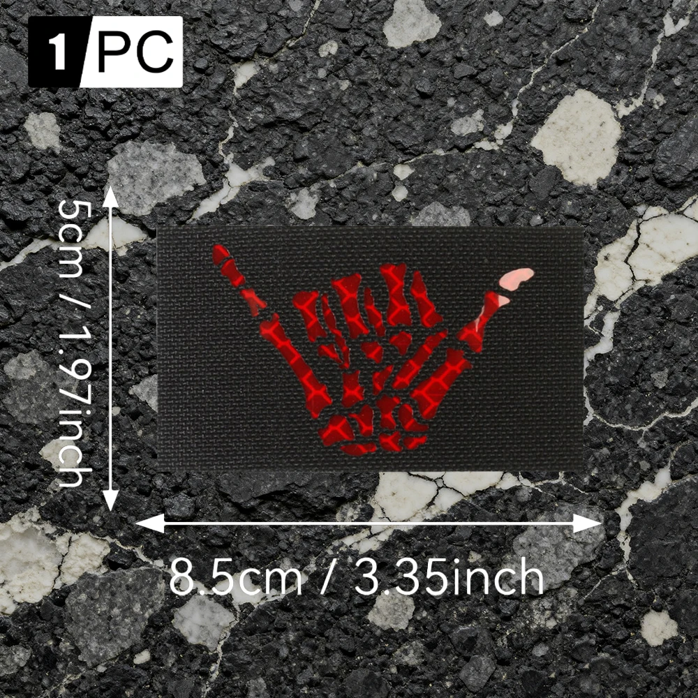Rounded Rectangular Skeleton Hand Gesture Luminous Laser-Engraved Patch with Velcro Fastener, Decorative Applique Badge with Free Backing