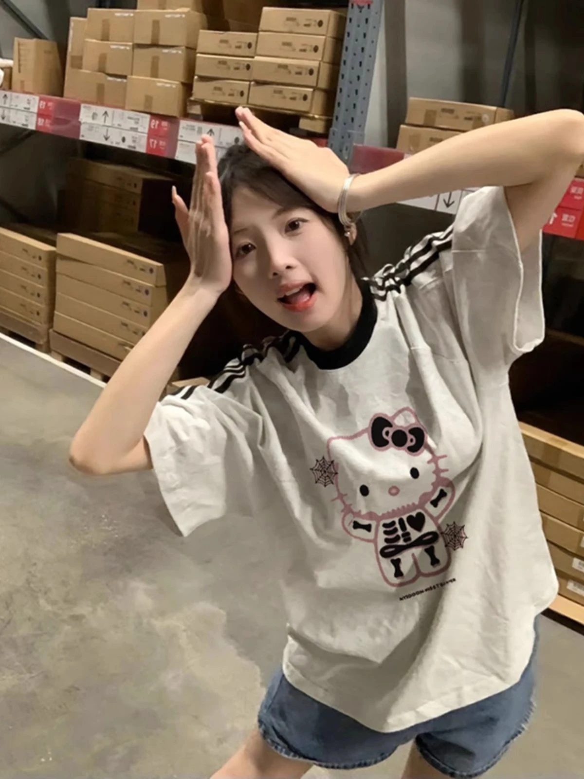 아메리칸 빈티지 루즈핏 반팔 티셔츠 다목적 프린트 그레이 Kt Cat Top 여성용 캐주얼 시크 블라우스  Best5