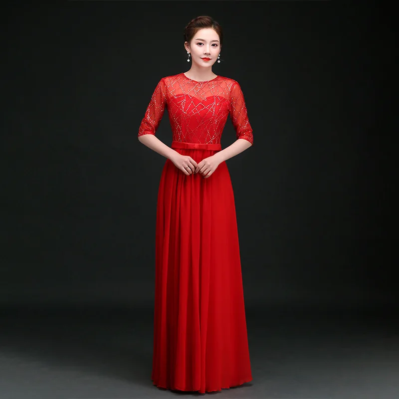 Vestido longo feminino coro desempenho vestido fino ajuste banquete adulto estilo longo 2020 meia-idade e idosos vermelho canção coro vestido