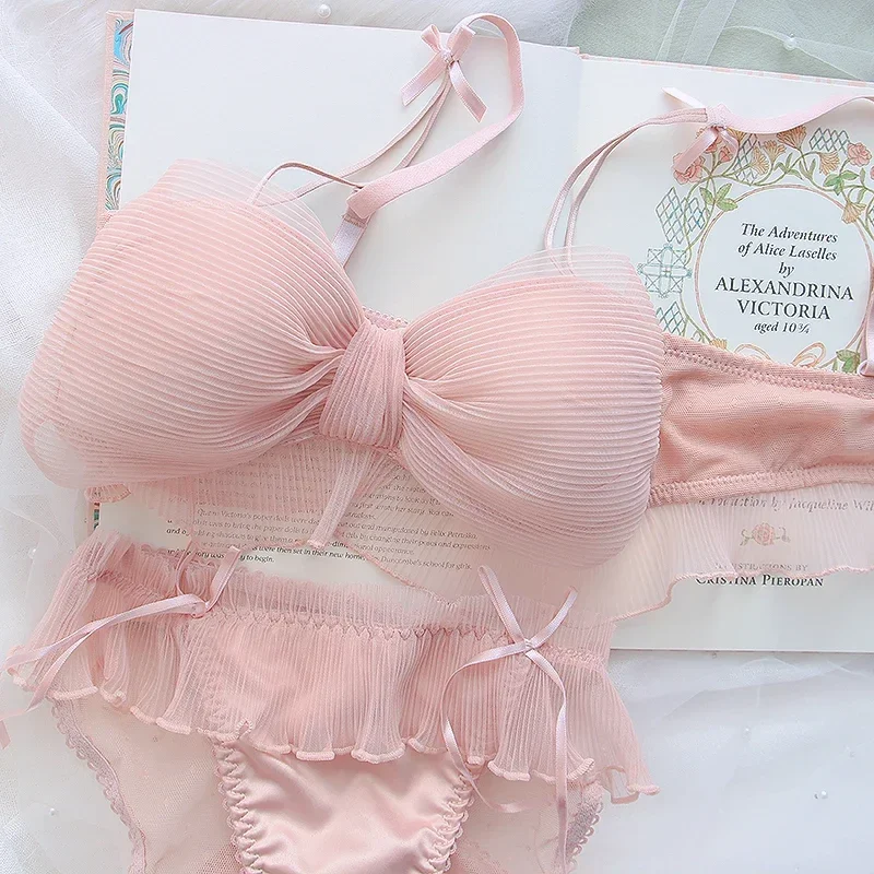2026 Neues Süßes Lolita-Schleifen-Mesh-BH-Set, Süßer Rüschen-BH ohne Bügel, Bequeme Unterwäsche im japanischen Stil für Mädchen – Detail 13