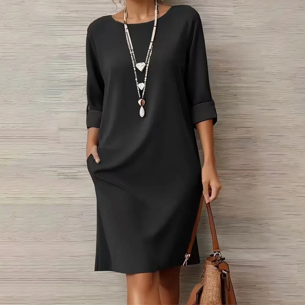 Casual Half Sleeve Loose Midi Dress Women Summer 2026 Fashion Solid Color O-neck Dresses Elegant Vestidos view 6