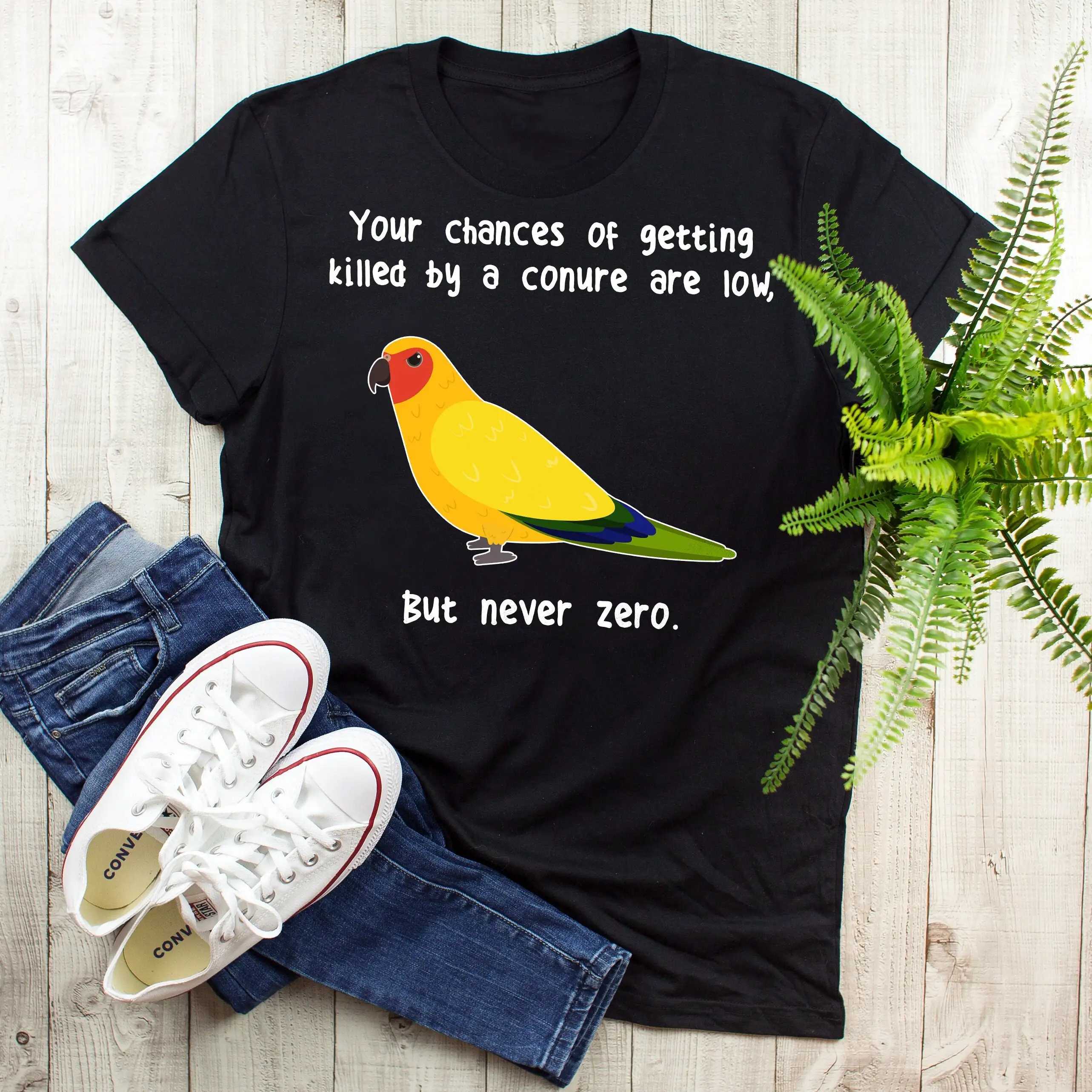 Sun Conure T Shirt Funny Parrot Lover Cute Pet Bird Meme Humor Never Zero Mom Dad Ornithologist