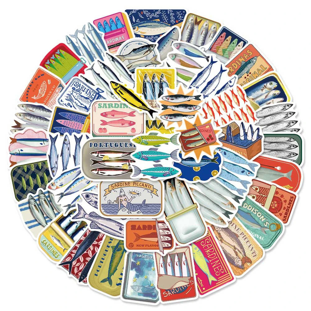 

10/30/50pcs Retro Cartoon Sardine Can Stickers Fish Ocean Animal Sticker Luggage Phone Laptop Guitar Funny Graffiti Decals Pack