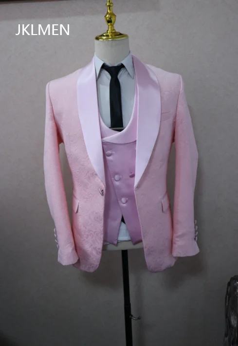 Pale Pink Jaquard Suits for Men 3 Pieces One Button Blazer Tuxedos Suit Set Prom Party Homecoming Student Clothes Coat+Vest+Pant