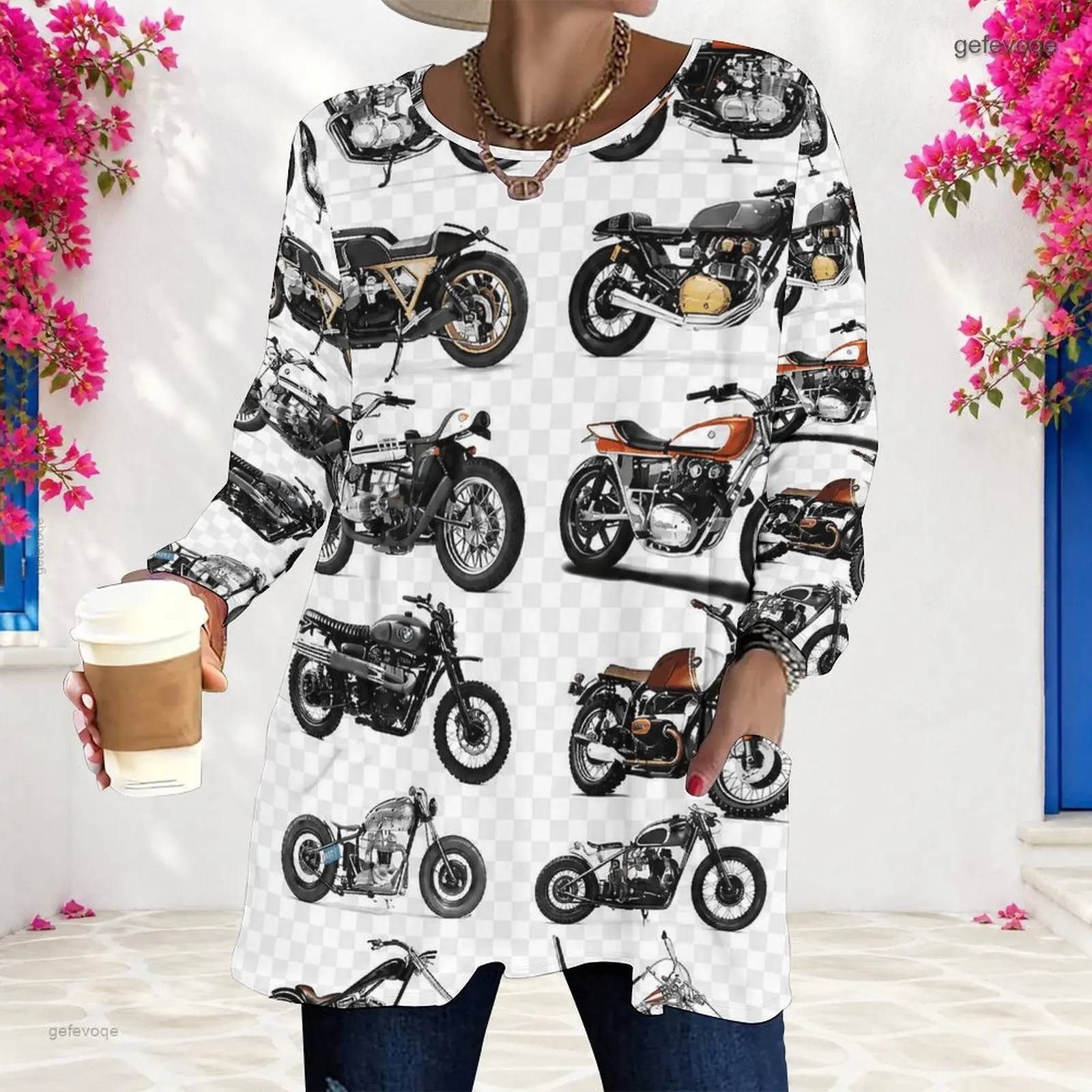 Women Cartoon Big Dozer Tiger Bulldozer Printed Round Neck Long Sleeve Loose Longline Top with Pockets