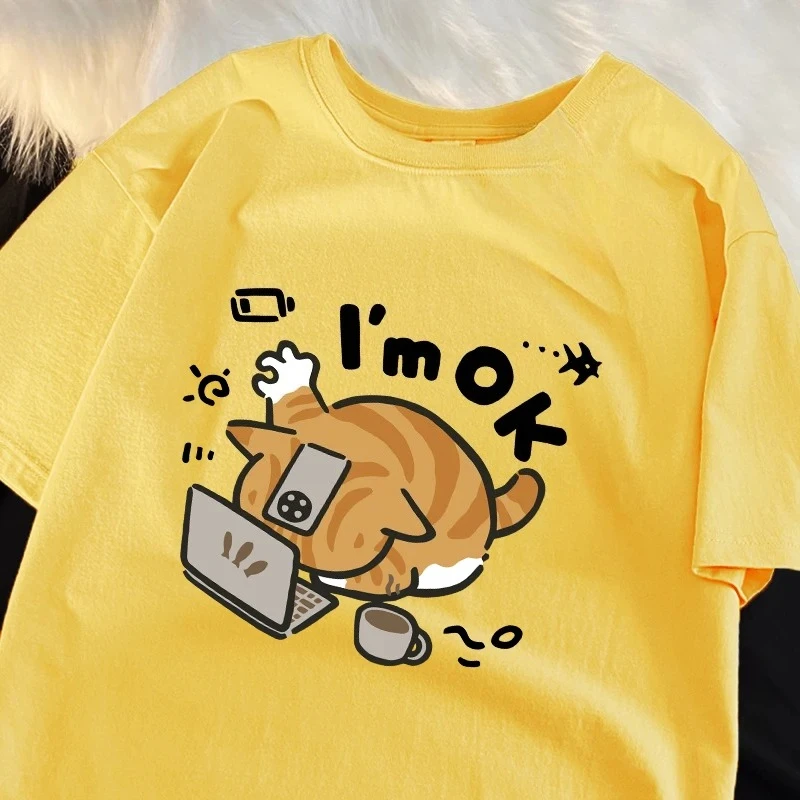 The Little Orange Cat Thinks It Can Still Hold on Print Women Tee Shirt Fashion Short Sleeve RoundNeck Tee Streetwear Clothing