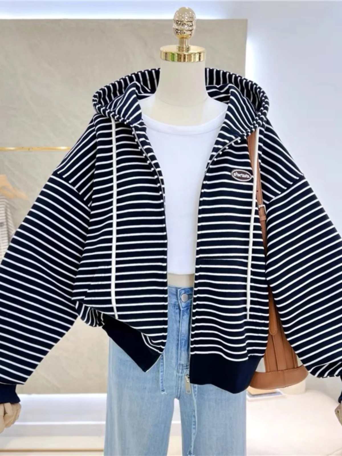 Fashion Striped Hooded Sweatshirt 2024 New Spring/Autum Women's Zipper Drawstring Chic Letter Jacket Casual Loose Daily Cardigan