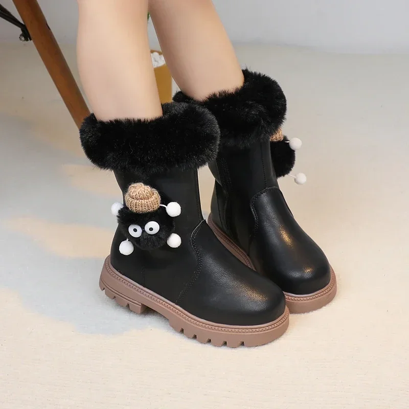 Girls Fashion Snow Boots 2024 Autumn Winter Warm Fur Thick Plush Fluffy Hairy Ball Cute Cartoon Kids Thermal Boots Anti-skid New