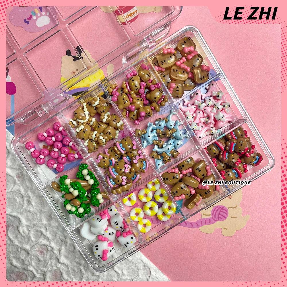 120pcs Boxed Kawaii Black Skin Hello Kitty Nails Art Charms Accessories Hawaii Dolphin KT Coconut Tree Bow DIY Resin Accessories