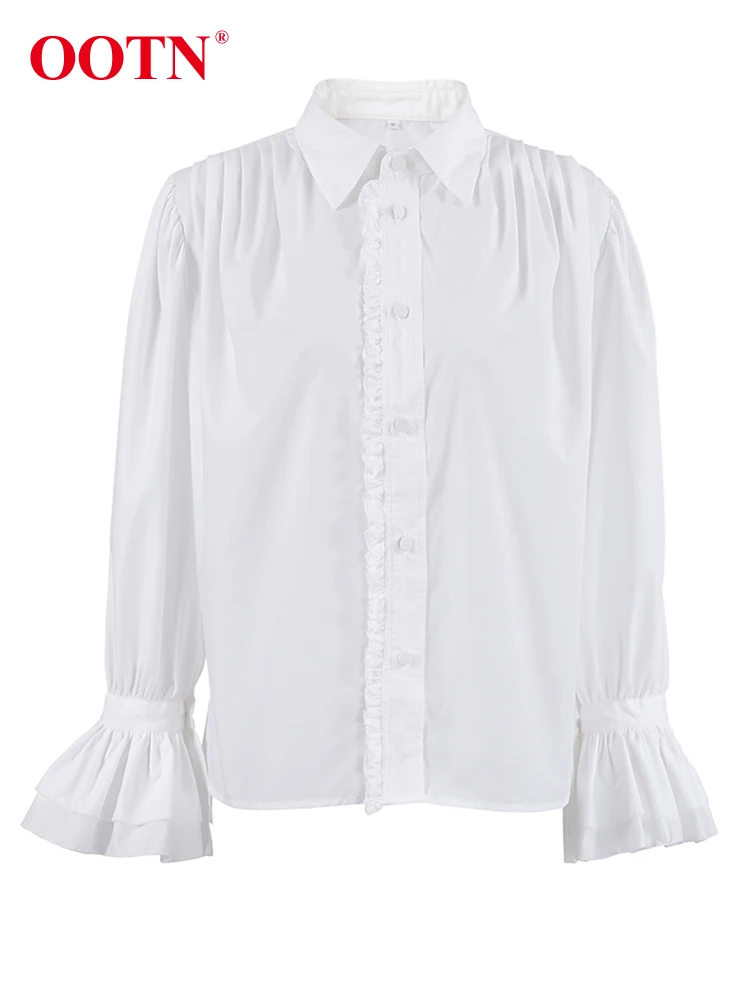 OOTN Elegant Puff Sleeve White Shirts Female Street Chic Ruffles Turn Down Collar Blouse Women Casual Long Sleeve Lady Tops 2023