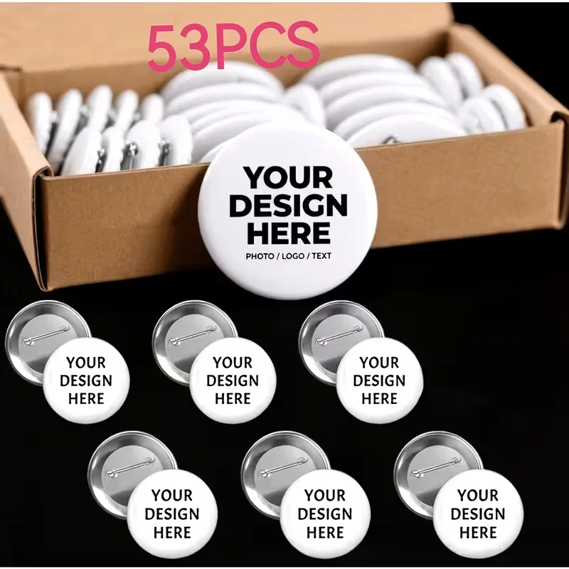 53-teiliges Set aus anpassbaren Metallknöpfen und -abzeichen mit Foto/Logo/Text – koreanisches Hausdesign, robust vernäht für Werbeaktionen, Handarbeiten, Abendveranstaltungen