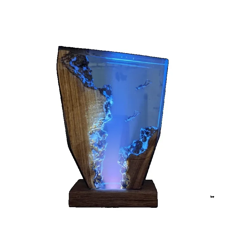 Handmade Epoxy Resin Light Ocean Wind Element Night Light Diver Solid Wood Decorative Light Travel Gift Ornament