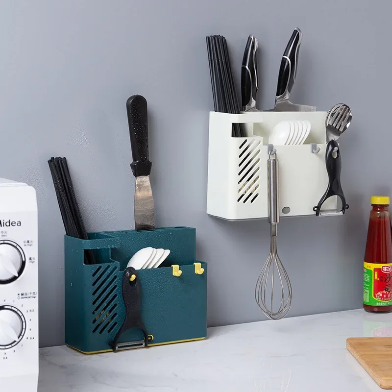 Kitchen Wall-Mounted Multi-Function Storage Rack Chopstick Cage Hole-Free Drainable Spoon Holder Knife Rack Utensil Storage S...