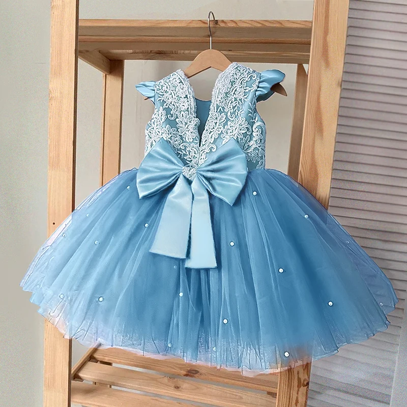 Summer Princess Toddler Kids Girls Tutu Dress 2024 Party Dress 1-5 Years Birthday Dresses For Girls Pearl Bow Costumes Lace Gown