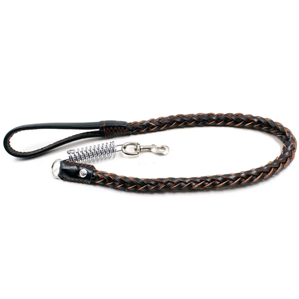 Strong Durable Real Leather Large Dog Leash with No Pull Buffer Spring Leather Braided Dog Training Leash Pet Leads Dog Chain