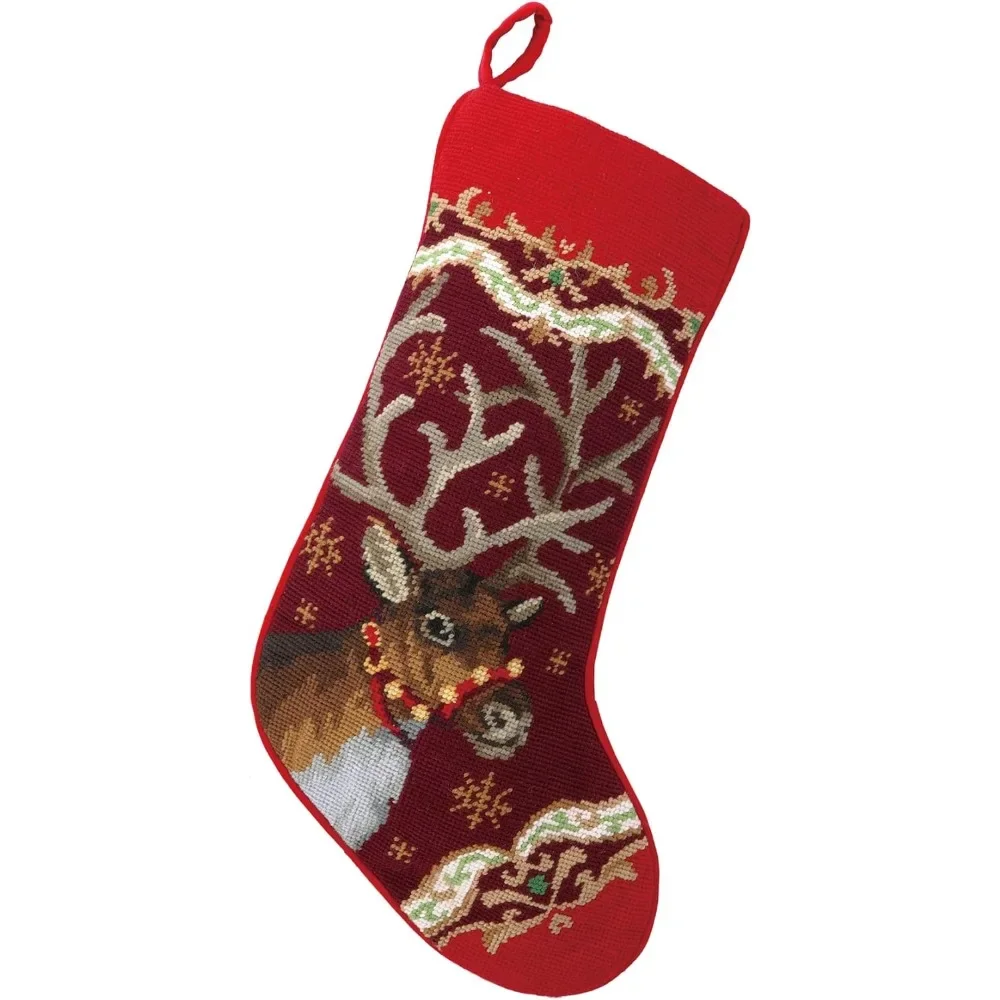 

Christmas Deer Needlepoint Stocking - 11x18 | Festive Holiday Decor