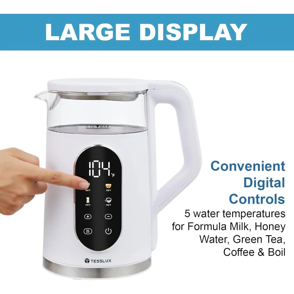 Chaleira elétrica, chaleira de água de vidro de ebulição rápida de 1500 W com controle de temperatura, base de aço inoxidável sem fio de 1,7 L, manter aquecido