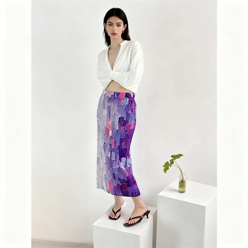 Miyake Pleated 2026 Spring New Printed Colorful Checkered Skirt Women's Mid Length Casual Fashion High Waist Straight Skirt