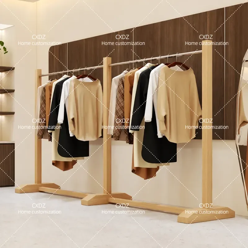 Walnut log color clothing store display men's and women's clothing store stainless steel floor-to-ceiling hanger with plate