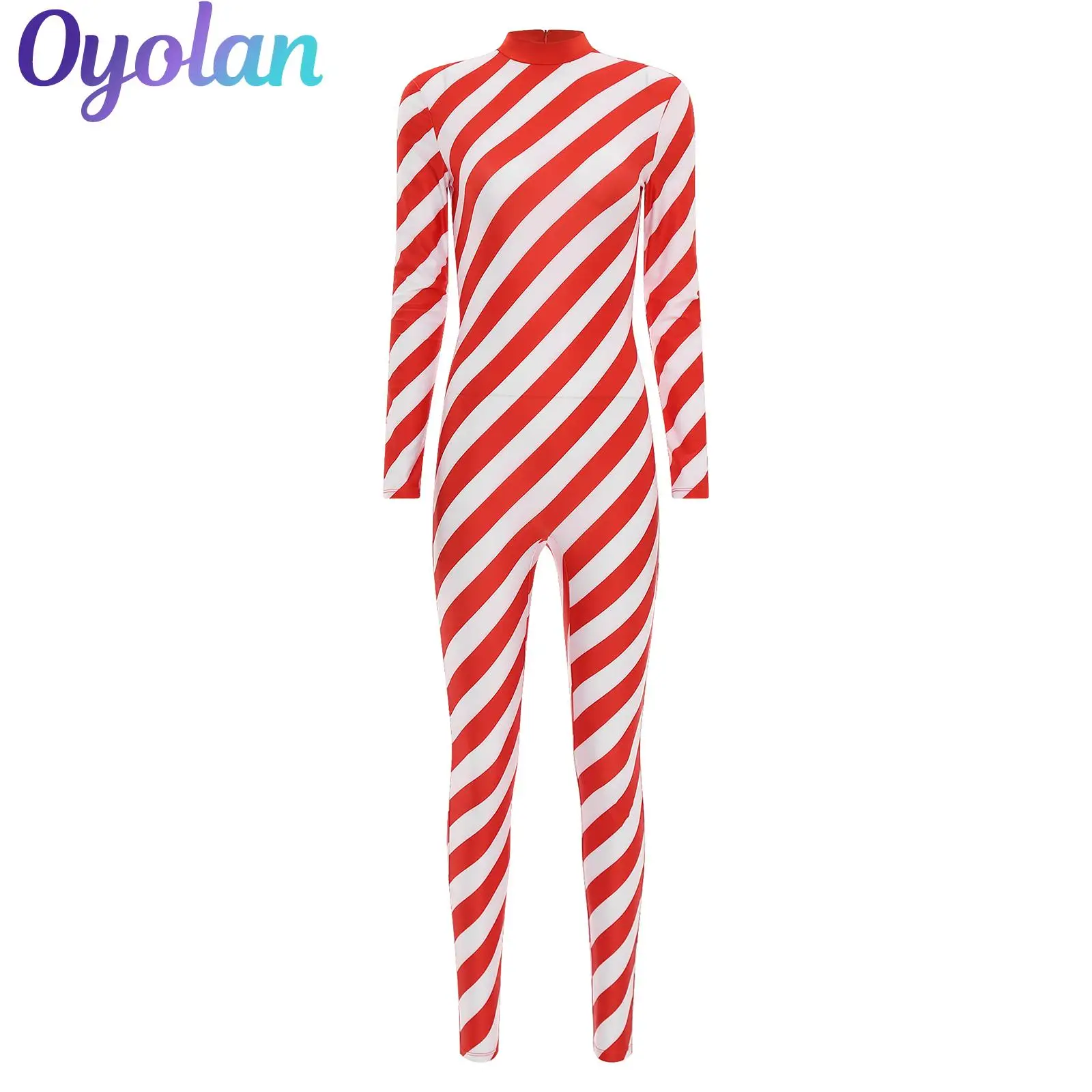 

Womens Christmas Xmas Candy Cane Cosplay Costume New Year Party Zipper Bodysuit Gymnastics Figure Skating Ballet Dance Jumpsuit