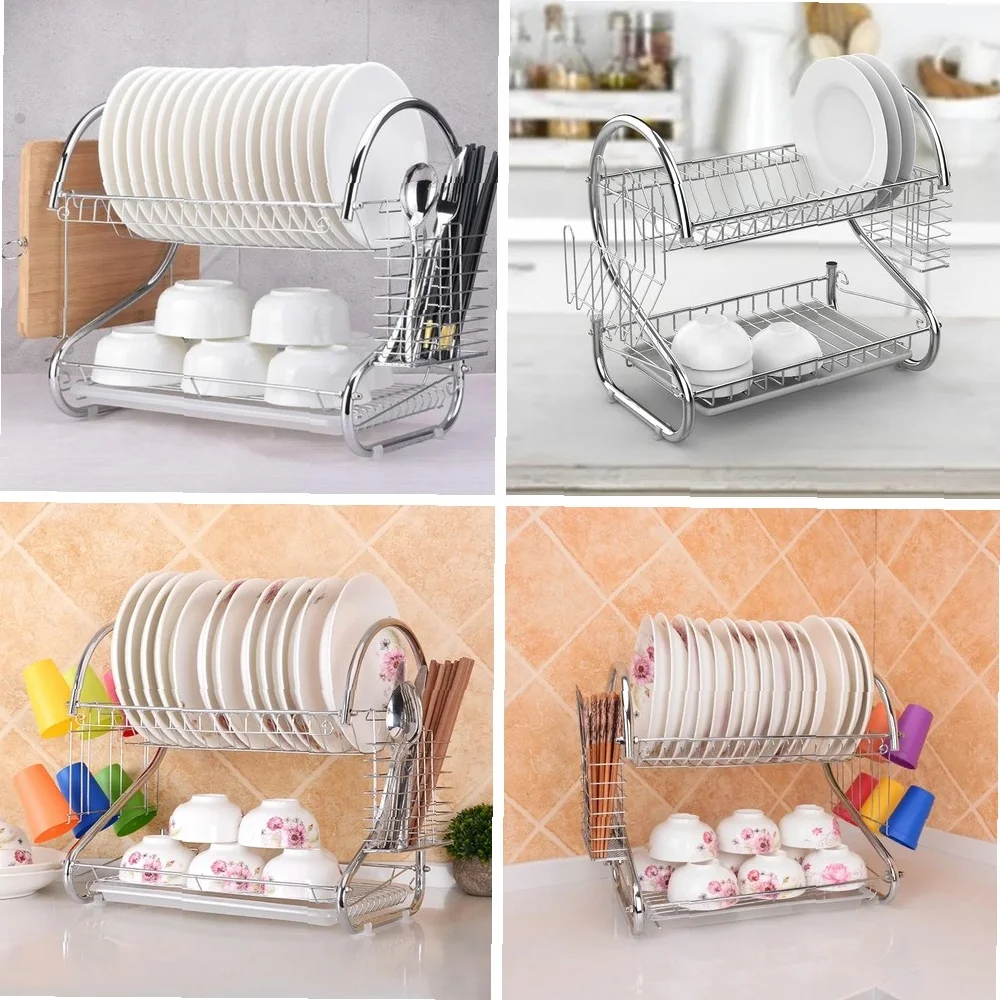 Kitchen Cutlery Organizer 2 Tier S-Shaped Dish Drainer Stable Space-saving Tableware Holder Shelf Metal Cup Drainer Chopsticks