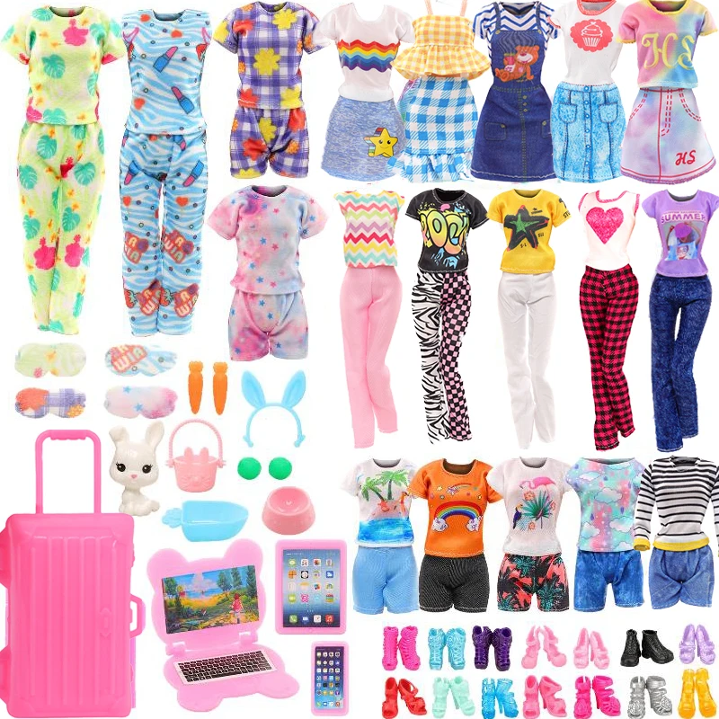 34 Pcs New Fashion For Barbie Doll Clothes and Accessories=3 Dress, 3 Tops and Pants, 2 Pajamas+Eye Patches, Computer Sets