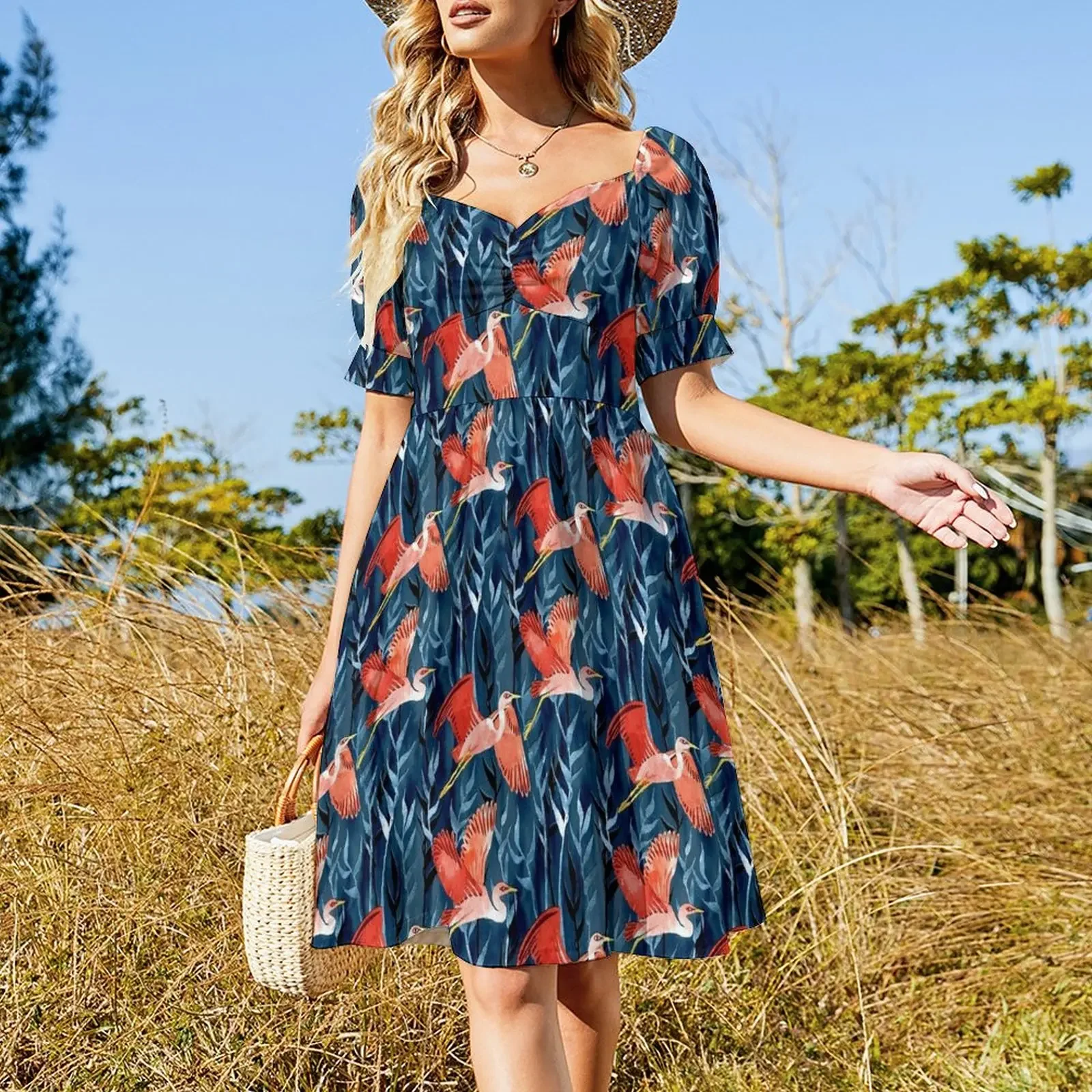 Birds and Reeds in Red and Blue Short-Sleeved Dress Woman dresses elegant dresses for women