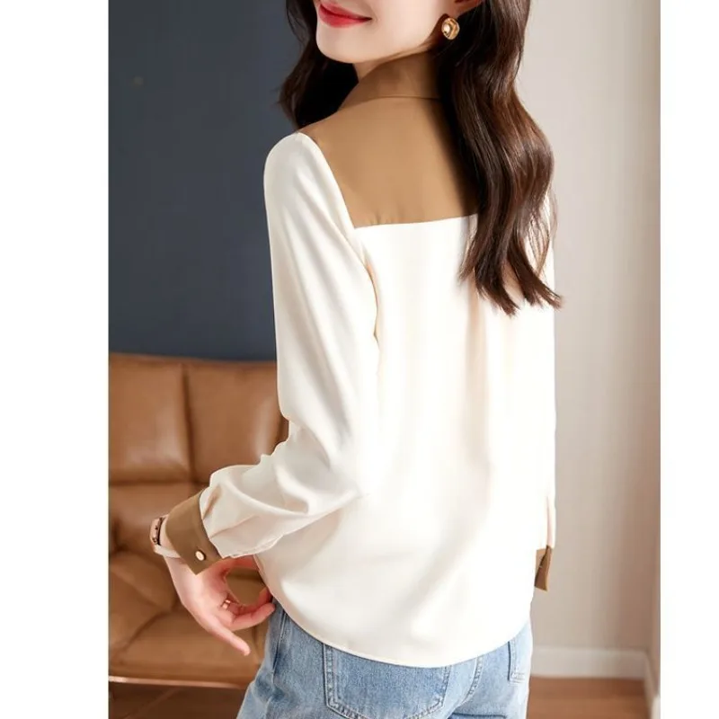 Women\'s Long Sleeve Chiffon Blouses 2024 Spring and Autumn New Korean Commute Contrast Color Patchwork Lapel Button Casual Shirt