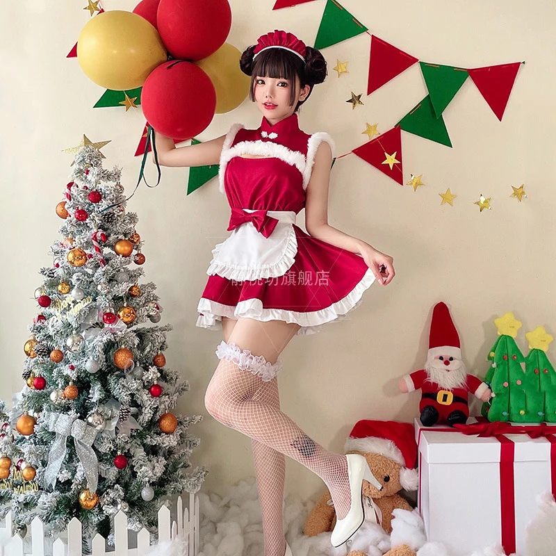 Christmas Dress for Women Costume Cosplay Sexy Red Christmas Clothing Rabbit Girl Maid Attire Anime New Year Disfraz