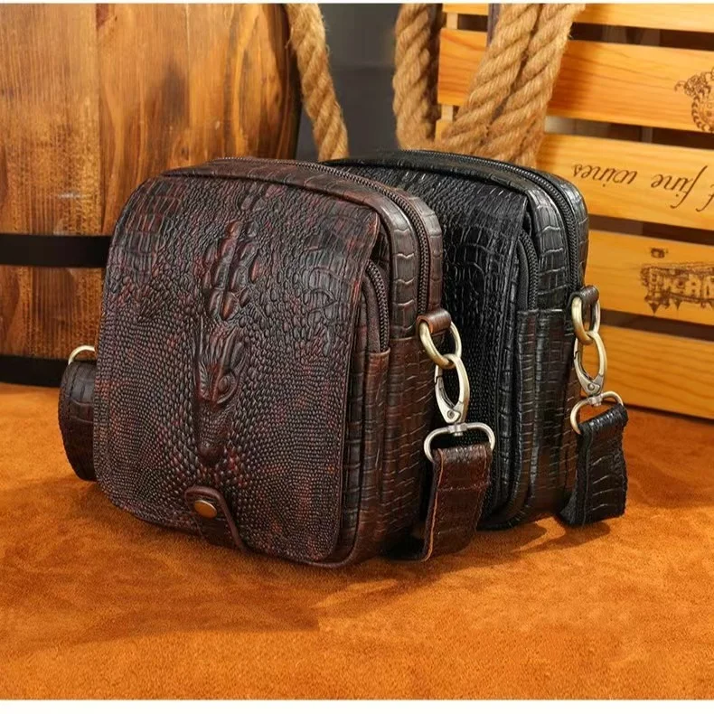 LION VERA Men's High end Leather Diagonal Cross Bag 5.5-inch Large Capacity Shoulder Bag Retro Crocodile Pattern Postman Bag
